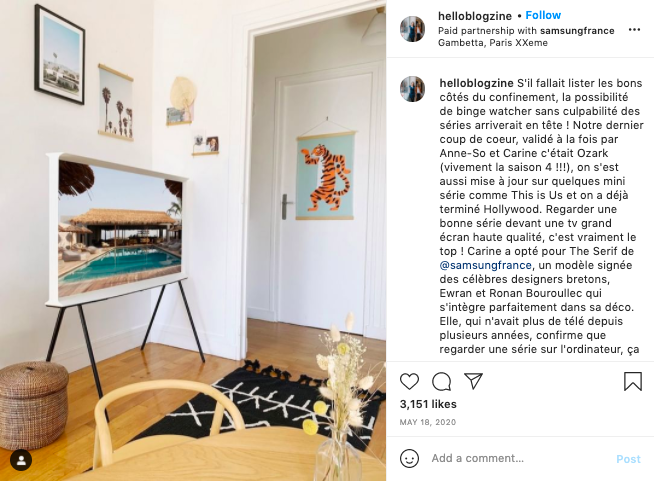 Publication Instagram de l'influenceur Helloblogzine pour l'opération code promo Samsung sur la gamme TV. 