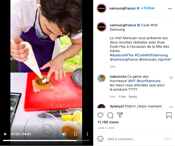 Live Instagram sur le compte de Samsung France où le chef Merouan anime un atelier culinaire virtuel. 